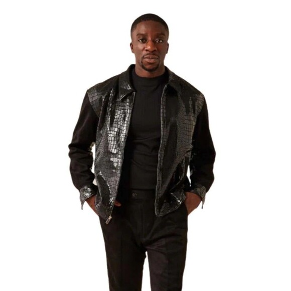 NEW Inserch Mens Size 2XL Alligator Embossed Zip Jacket Faux Suede Glossy Black